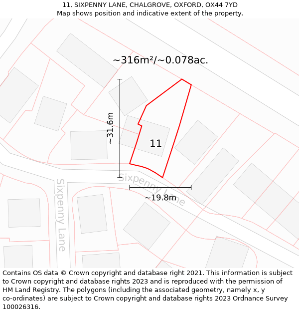 11, SIXPENNY LANE, CHALGROVE, OXFORD, OX44 7YD: Plot and title map