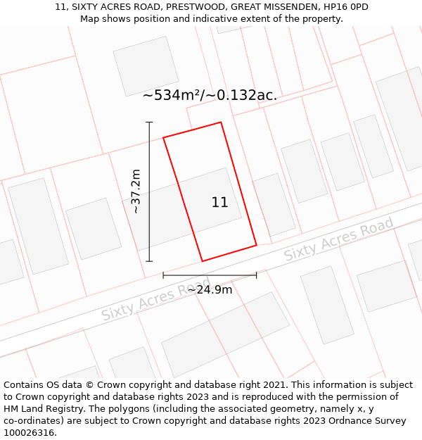 11, SIXTY ACRES ROAD, PRESTWOOD, GREAT MISSENDEN, HP16 0PD: Plot and title map