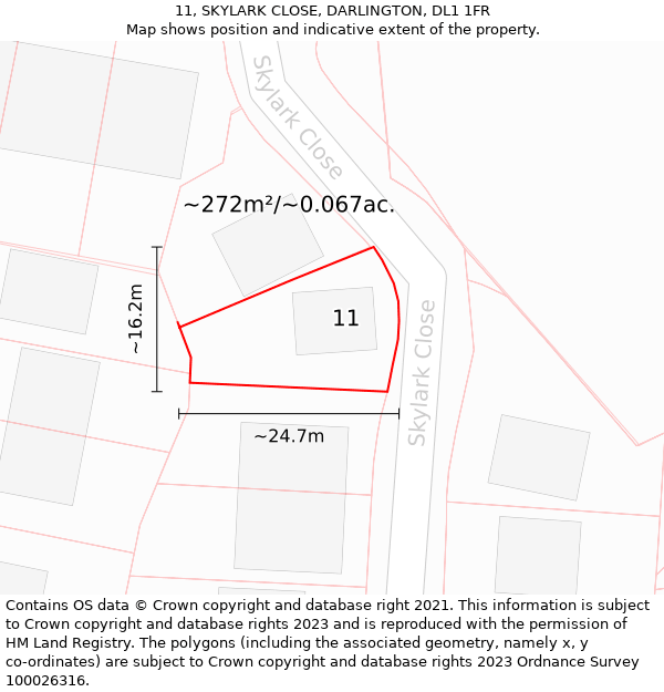 11, SKYLARK CLOSE, DARLINGTON, DL1 1FR: Plot and title map