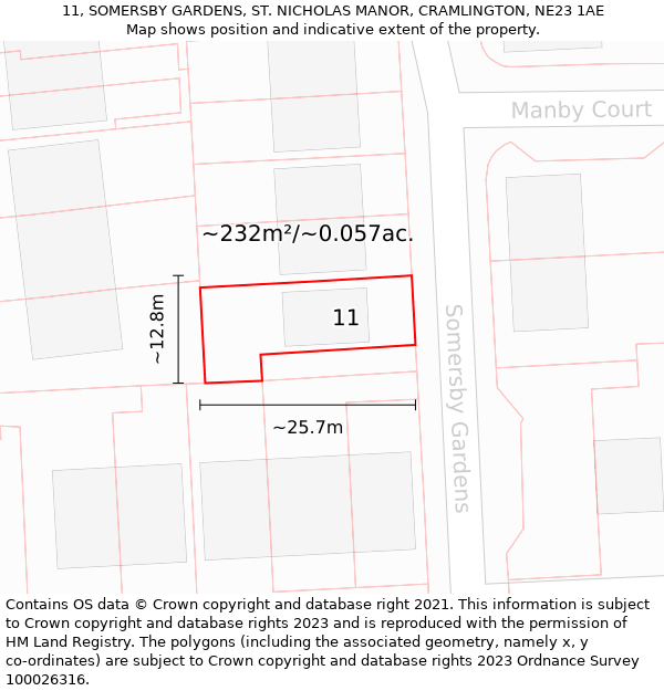 11, SOMERSBY GARDENS, ST. NICHOLAS MANOR, CRAMLINGTON, NE23 1AE: Plot and title map