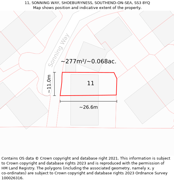 11, SONNING WAY, SHOEBURYNESS, SOUTHEND-ON-SEA, SS3 8YQ: Plot and title map