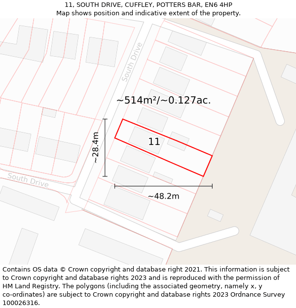 11, SOUTH DRIVE, CUFFLEY, POTTERS BAR, EN6 4HP: Plot and title map