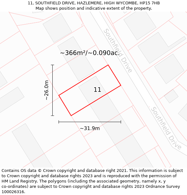 11, SOUTHFIELD DRIVE, HAZLEMERE, HIGH WYCOMBE, HP15 7HB: Plot and title map