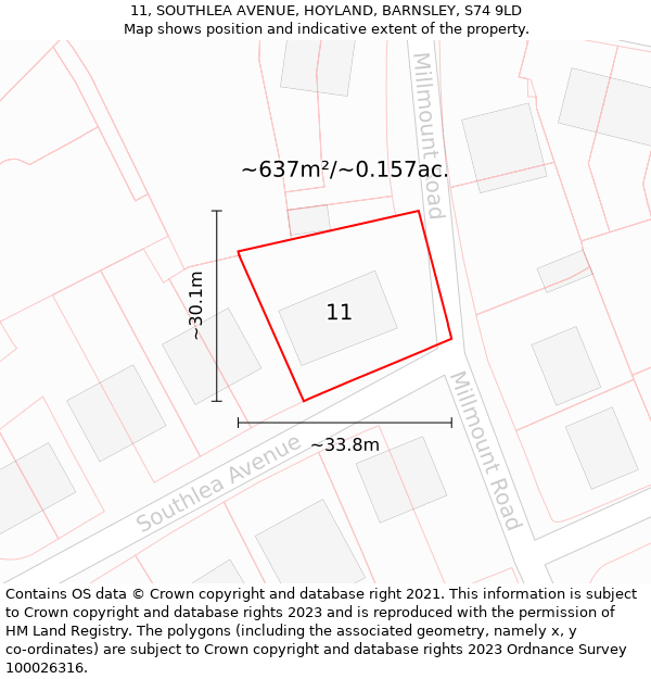 11, SOUTHLEA AVENUE, HOYLAND, BARNSLEY, S74 9LD: Plot and title map