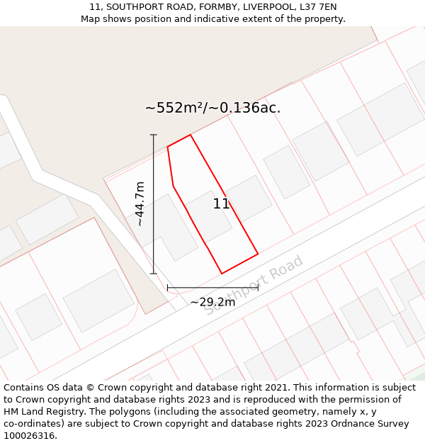 11, SOUTHPORT ROAD, FORMBY, LIVERPOOL, L37 7EN: Plot and title map