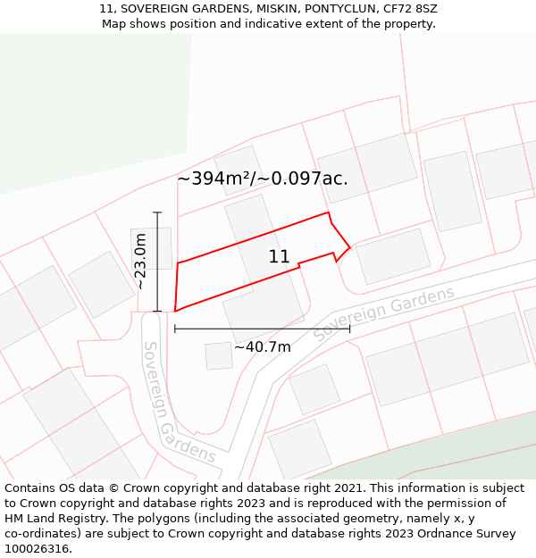 11, SOVEREIGN GARDENS, MISKIN, PONTYCLUN, CF72 8SZ: Plot and title map