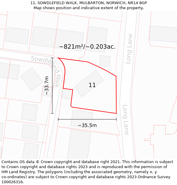 11, SOWDLEFIELD WALK, MULBARTON, NORWICH, NR14 8GP: Plot and title map