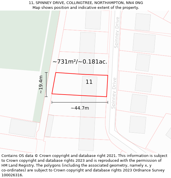 11, SPINNEY DRIVE, COLLINGTREE, NORTHAMPTON, NN4 0NG: Plot and title map