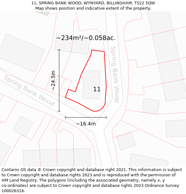 11, SPRING BANK WOOD, WYNYARD, BILLINGHAM, TS22 5QW: Plot and title map