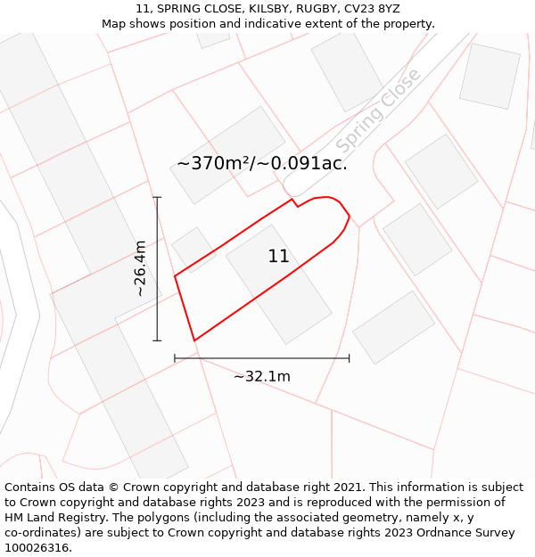 11, SPRING CLOSE, KILSBY, RUGBY, CV23 8YZ: Plot and title map