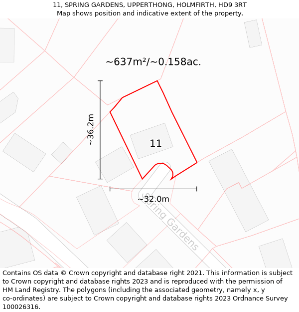 11, SPRING GARDENS, UPPERTHONG, HOLMFIRTH, HD9 3RT: Plot and title map