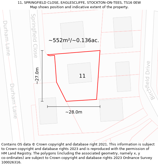 11, SPRINGFIELD CLOSE, EAGLESCLIFFE, STOCKTON-ON-TEES, TS16 0EW: Plot and title map