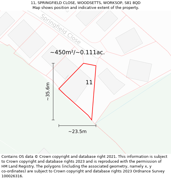 11, SPRINGFIELD CLOSE, WOODSETTS, WORKSOP, S81 8QD: Plot and title map