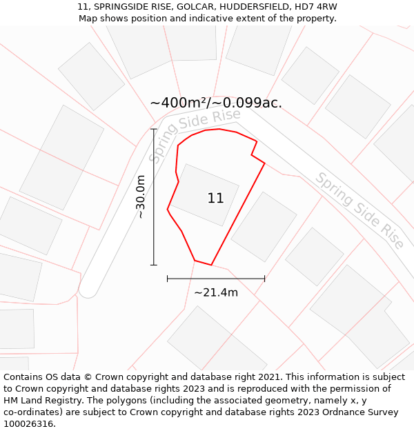 11, SPRINGSIDE RISE, GOLCAR, HUDDERSFIELD, HD7 4RW: Plot and title map