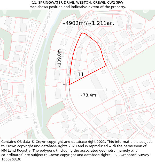 11, SPRINGWATER DRIVE, WESTON, CREWE, CW2 5FW: Plot and title map