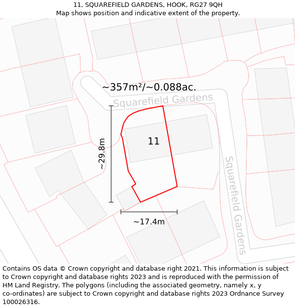 11, SQUAREFIELD GARDENS, HOOK, RG27 9QH: Plot and title map