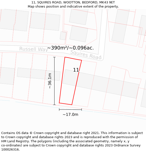 11, SQUIRES ROAD, WOOTTON, BEDFORD, MK43 9ET: Plot and title map