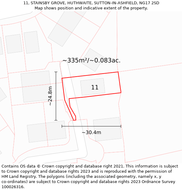 11, STAINSBY GROVE, HUTHWAITE, SUTTON-IN-ASHFIELD, NG17 2SD: Plot and title map