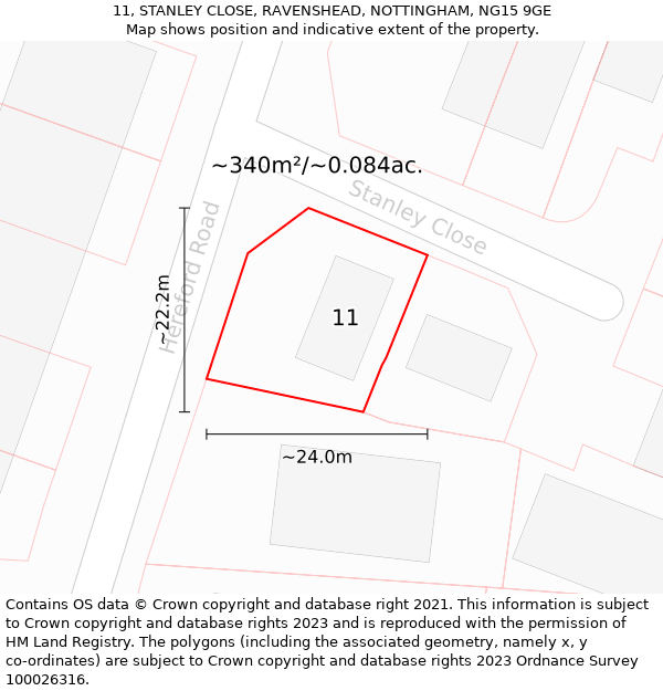 11, STANLEY CLOSE, RAVENSHEAD, NOTTINGHAM, NG15 9GE: Plot and title map