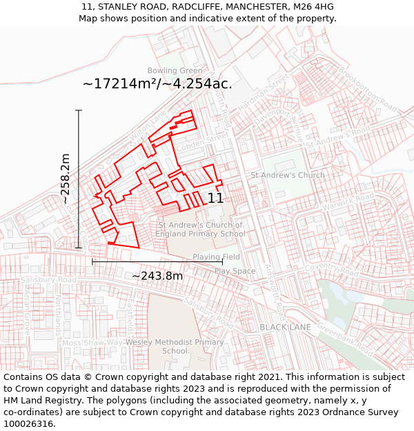 11, STANLEY ROAD, RADCLIFFE, MANCHESTER, M26 4HG: Plot and title map