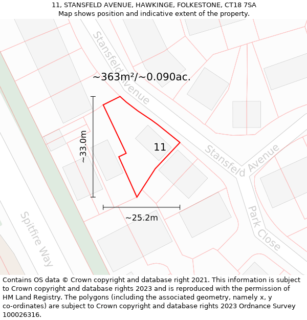 11, STANSFELD AVENUE, HAWKINGE, FOLKESTONE, CT18 7SA: Plot and title map