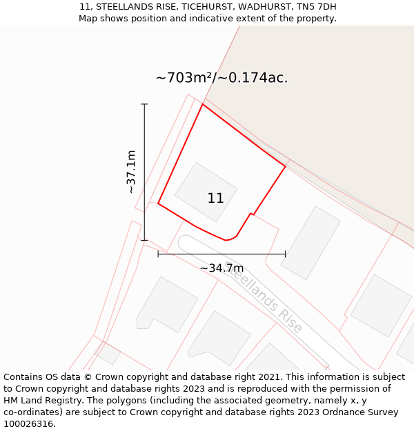 11, STEELLANDS RISE, TICEHURST, WADHURST, TN5 7DH: Plot and title map