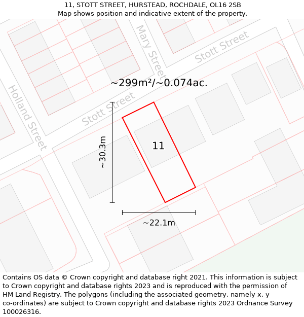 11, STOTT STREET, HURSTEAD, ROCHDALE, OL16 2SB: Plot and title map