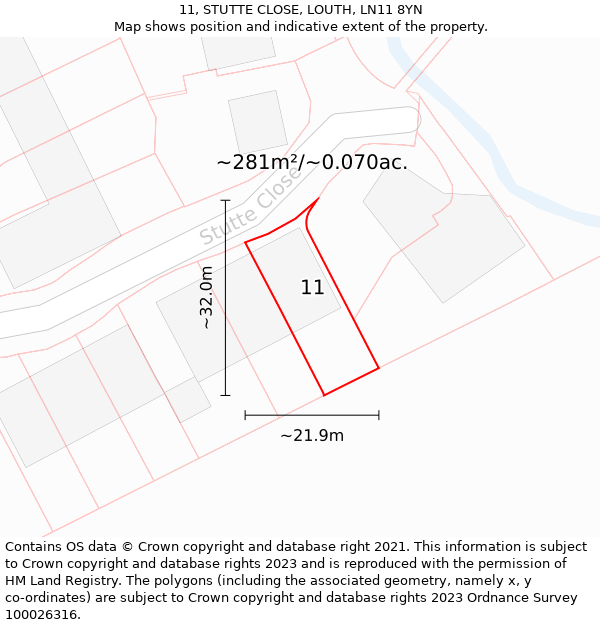 11, STUTTE CLOSE, LOUTH, LN11 8YN: Plot and title map