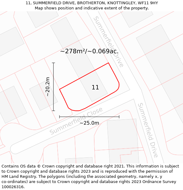 11, SUMMERFIELD DRIVE, BROTHERTON, KNOTTINGLEY, WF11 9HY: Plot and title map