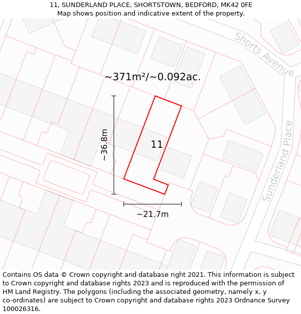 11, SUNDERLAND PLACE, SHORTSTOWN, BEDFORD, MK42 0FE: Plot and title map