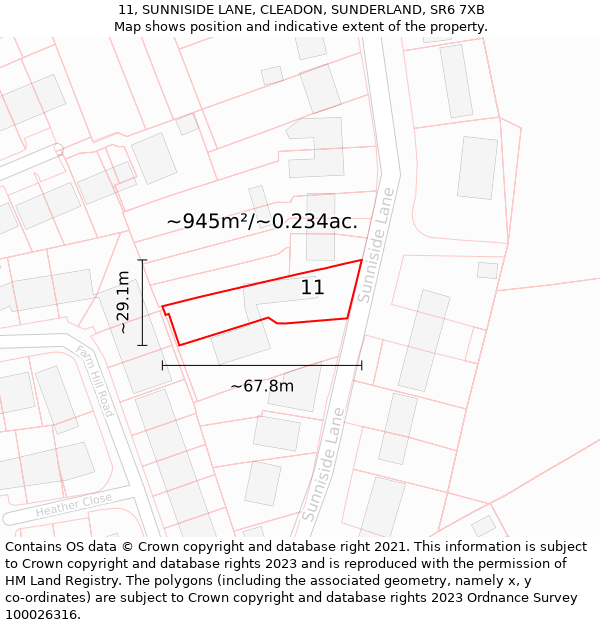 11, SUNNISIDE LANE, CLEADON, SUNDERLAND, SR6 7XB: Plot and title map