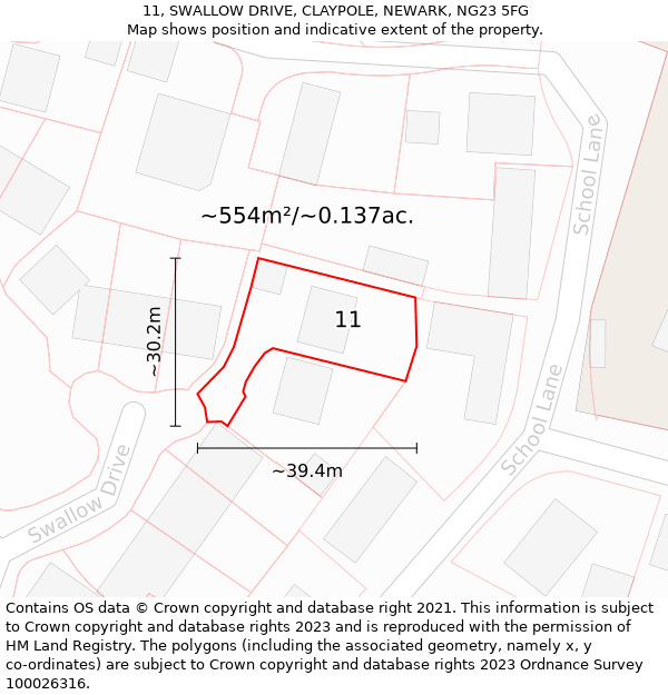 11, SWALLOW DRIVE, CLAYPOLE, NEWARK, NG23 5FG: Plot and title map