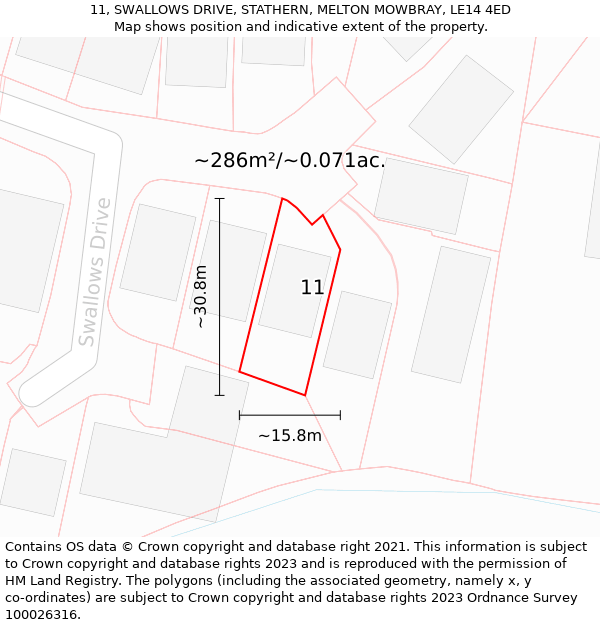 11, SWALLOWS DRIVE, STATHERN, MELTON MOWBRAY, LE14 4ED: Plot and title map