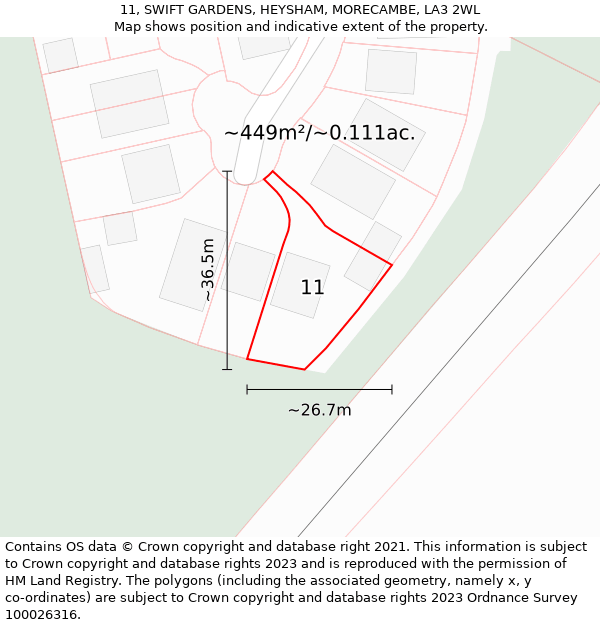 11, SWIFT GARDENS, HEYSHAM, MORECAMBE, LA3 2WL: Plot and title map