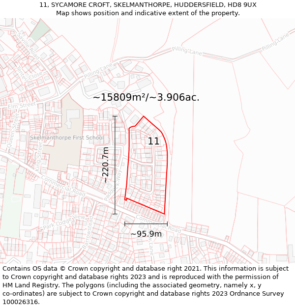 11, SYCAMORE CROFT, SKELMANTHORPE, HUDDERSFIELD, HD8 9UX: Plot and title map