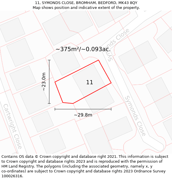 11, SYMONDS CLOSE, BROMHAM, BEDFORD, MK43 8QY: Plot and title map