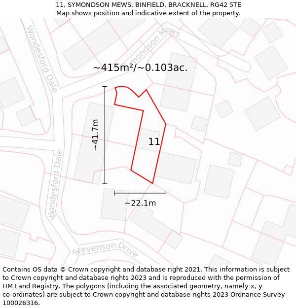 11, SYMONDSON MEWS, BINFIELD, BRACKNELL, RG42 5TE: Plot and title map