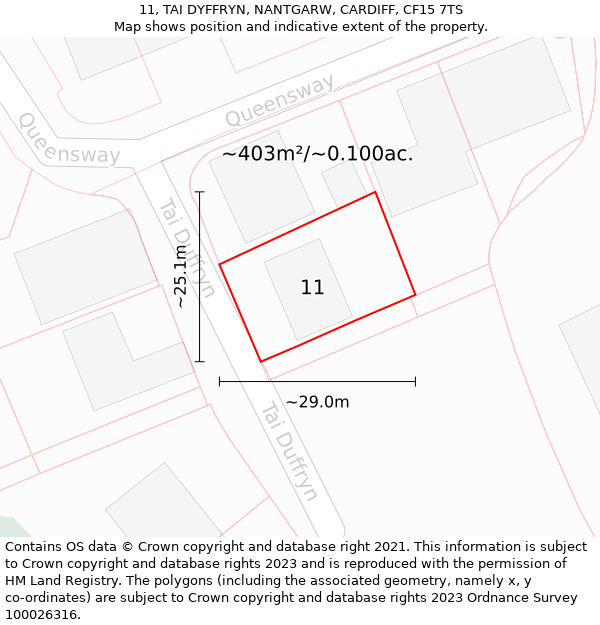 11, TAI DYFFRYN, NANTGARW, CARDIFF, CF15 7TS: Plot and title map