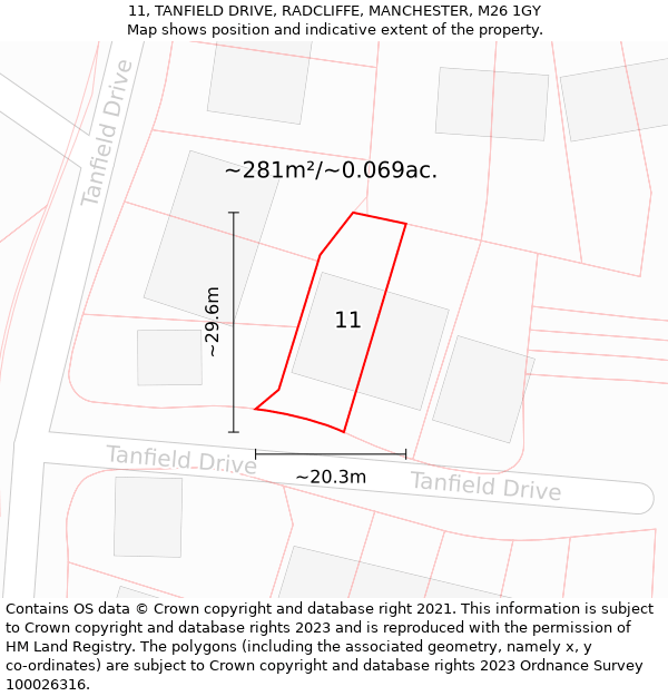 11, TANFIELD DRIVE, RADCLIFFE, MANCHESTER, M26 1GY: Plot and title map