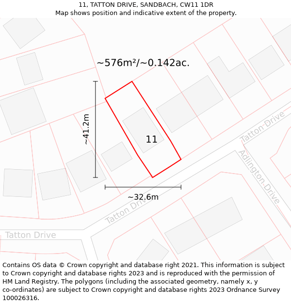 11, TATTON DRIVE, SANDBACH, CW11 1DR: Plot and title map