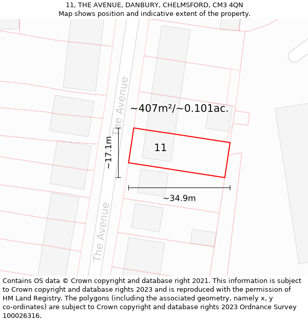 11, THE AVENUE, DANBURY, CHELMSFORD, CM3 4QN: Plot and title map