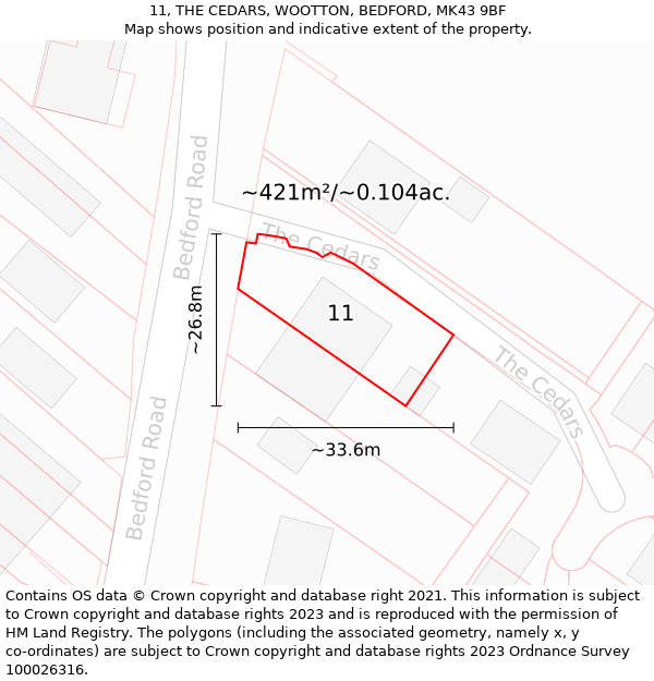 11, THE CEDARS, WOOTTON, BEDFORD, MK43 9BF: Plot and title map