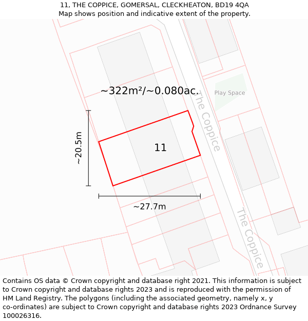 11, THE COPPICE, GOMERSAL, CLECKHEATON, BD19 4QA: Plot and title map