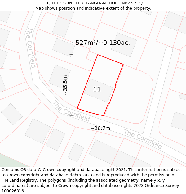 11, THE CORNFIELD, LANGHAM, HOLT, NR25 7DQ: Plot and title map