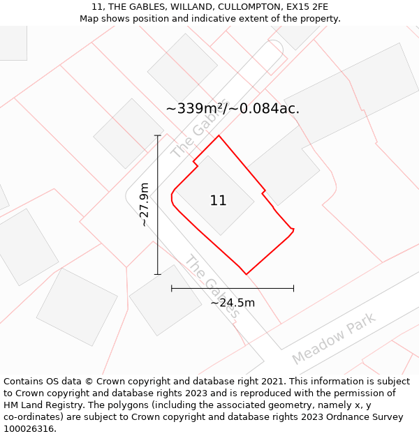 11, THE GABLES, WILLAND, CULLOMPTON, EX15 2FE: Plot and title map