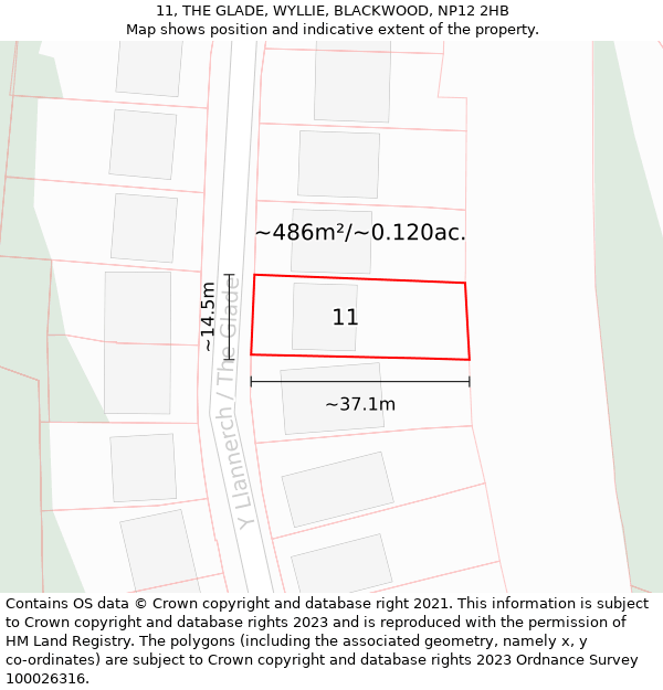 11, THE GLADE, WYLLIE, BLACKWOOD, NP12 2HB: Plot and title map