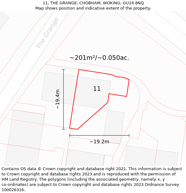 11, THE GRANGE, CHOBHAM, WOKING, GU24 8NQ: Plot and title map