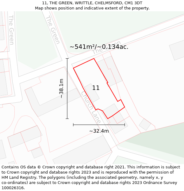11, THE GREEN, WRITTLE, CHELMSFORD, CM1 3DT: Plot and title map
