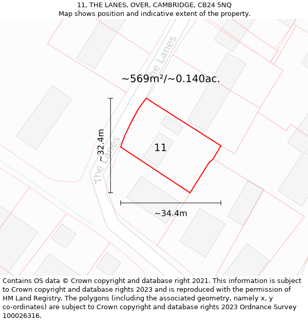 11, THE LANES, OVER, CAMBRIDGE, CB24 5NQ: Plot and title map