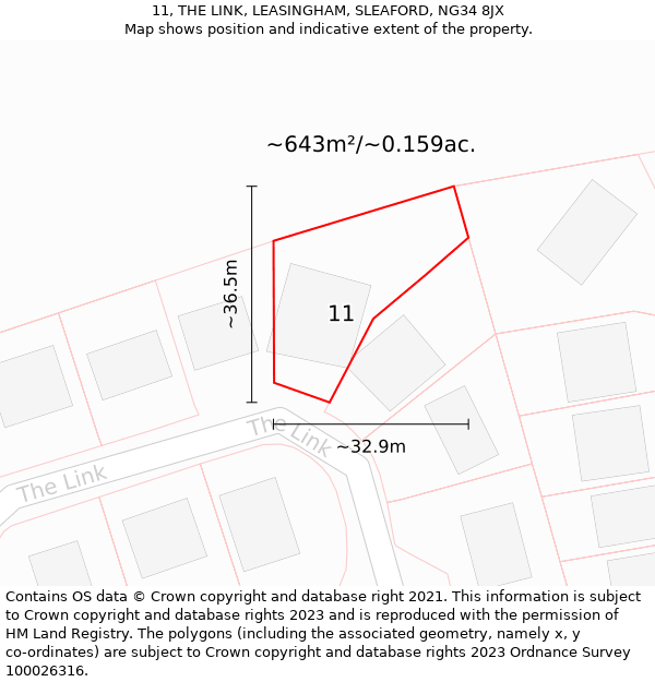 11, THE LINK, LEASINGHAM, SLEAFORD, NG34 8JX: Plot and title map